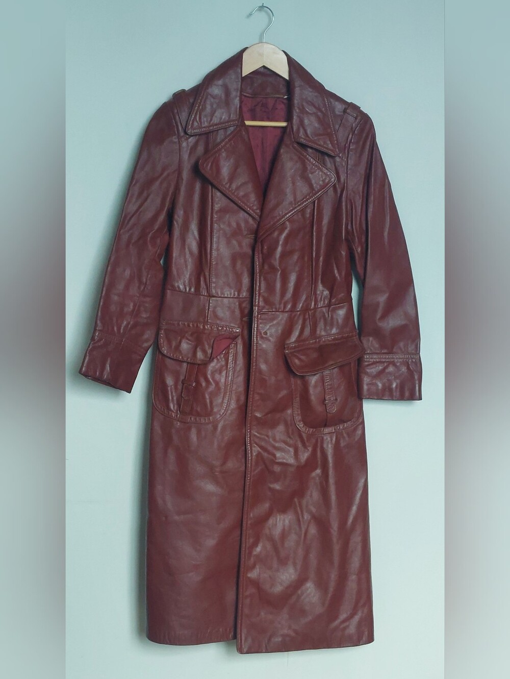 Vintage Oxblood Burgundy 100% Leather Belted Trench Coat Long 70s Style